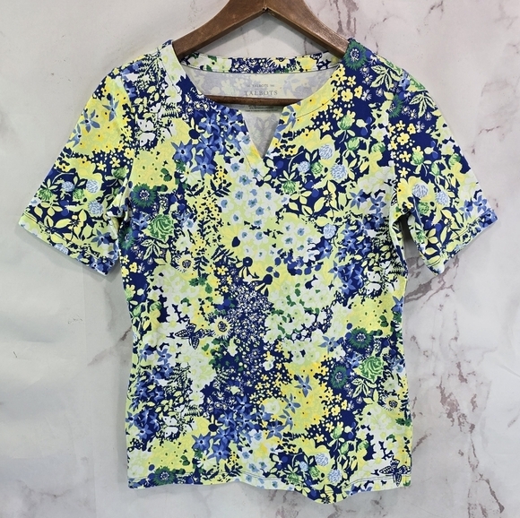 Talbots T Shirt Women Small Petite SP Blue Yellow Tee V Neck Notch Short Sleeve - Picture 1 of 9
